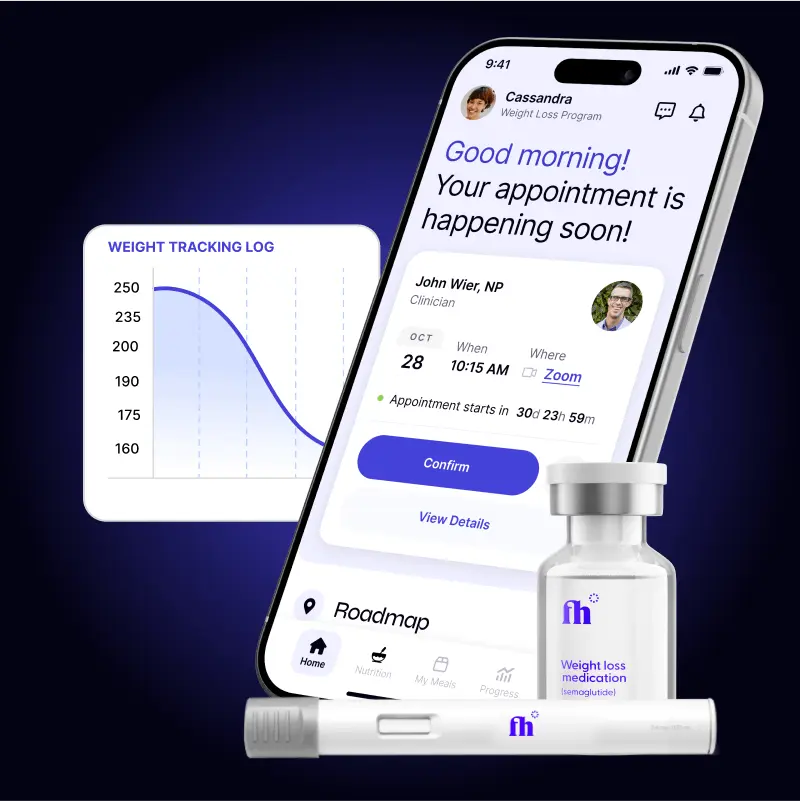 Futurhealth Semaglutide weight loss program with mobile telehealth app, progress tracking, and prescription medication